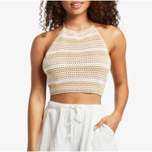 New ROXY Tapioca Every Day Stripe Daydreamer Crochet Cotton Halter Top Size L